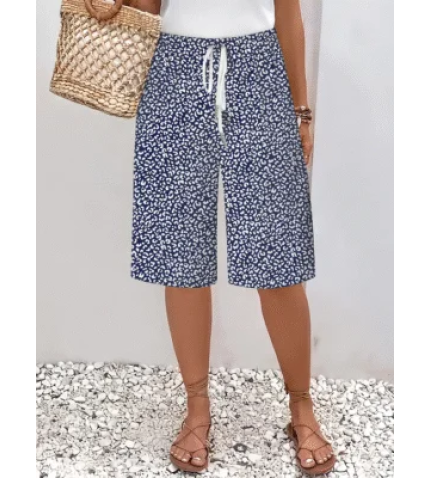 Women’s Spring and Summer Floral Print Casual Straight Tie Cropped Pants