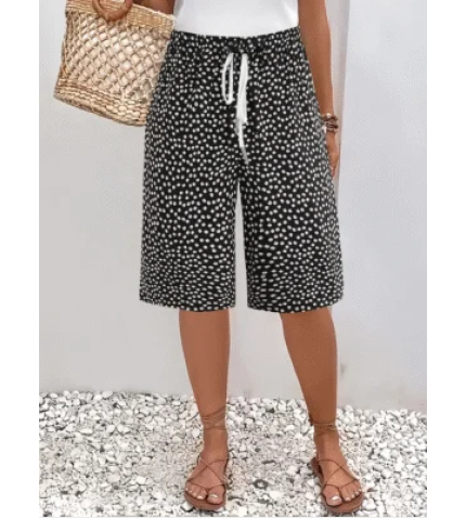 Women’s Spring and Summer Floral Print Casual Straight Tie Cropped Pants