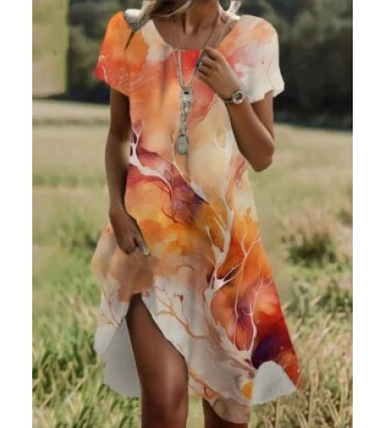 Abstract Print Short Sleeve Crew Neck Dress