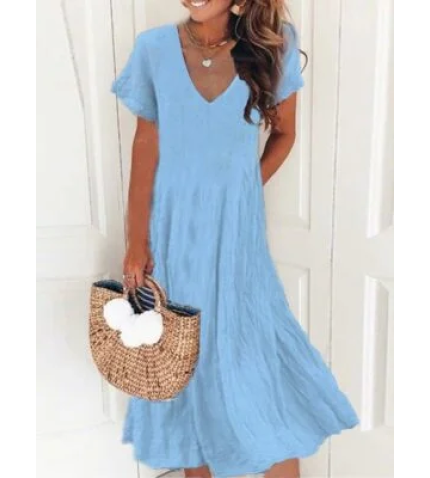 New Women Chic Vintage Boho Hippie Short Sleeve V Neck Plain Casual Weaving Dress