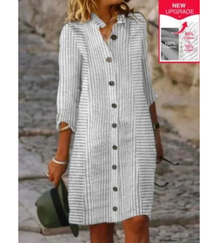 Shirt Collar Casual Loose Striped Dress With No