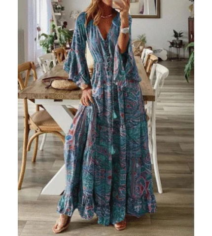 V Neck Boho Dress With No