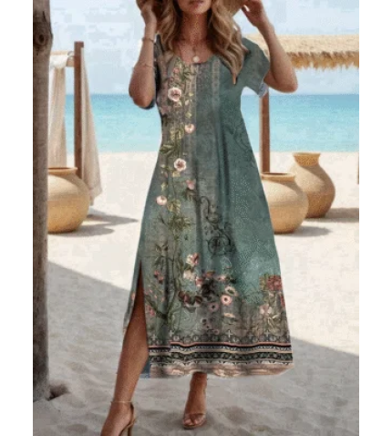 Women’s Floral Print Casual Round Neck Short Sleeve Slit Dress