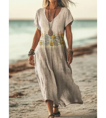 Women’s Short Sleeve Summer Apricot Floral Printing V Neck Daily Going Out Casual Maxi H-Line T-Shirt Dress Dress