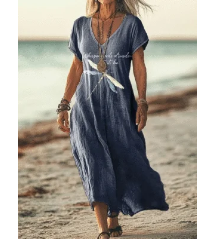Women’s Short Sleeve Summer Purplish blue Dragonfly Printing V Neck Daily Going Out Casual Maxi Dress