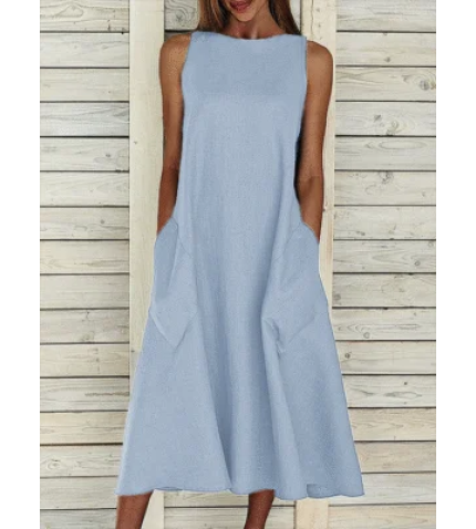 Women’s Sleeveless Summer Gray Plain Printing Crew Neck Daily Going Out Casual Maxi H-Line Fit & Flare Dress Dress