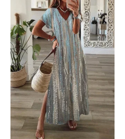 Women’s Spring and Summer Printed Casual V-Neck Short Sleeve Dress