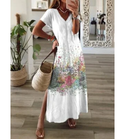 Casual V neck Loosen Short Sleeve Knit Dress
