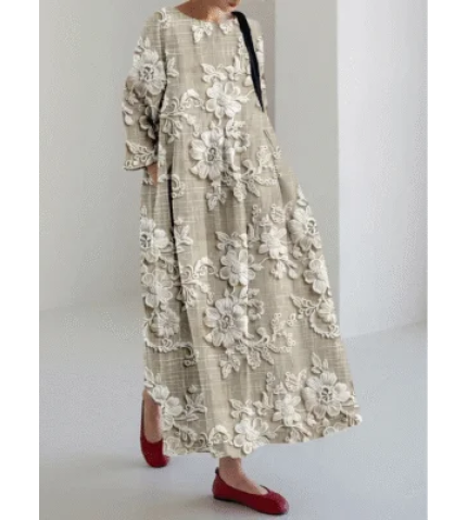Cottage Floral Embroidered Lace Linen Blend Maxi Dress