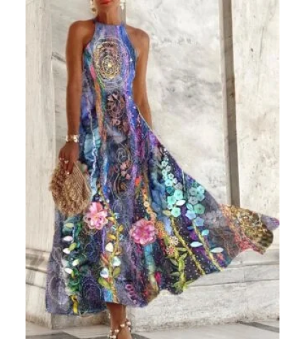 Floral Loose Casual Crew Neck Dress With No