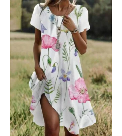 Floral Print Short Sleeve Crew Neck Dress