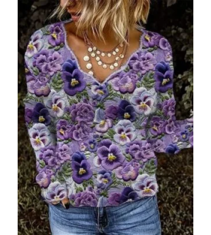 Violet Plant Flower Art V-neck Knitted Sweater