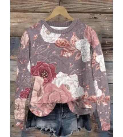 Women’s Breast Cancer Flower Print 3D Printing Casual Crew Neck Sweater
