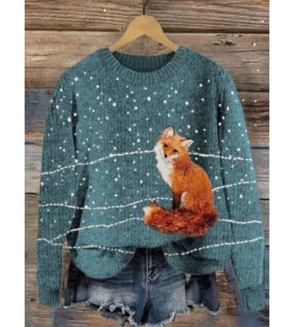 Women’s Cute Fox Print Crewneck Knit Sweater