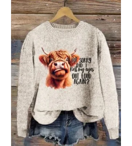 Women’s Highland Cow Print Knitted Crew Neck Sweater