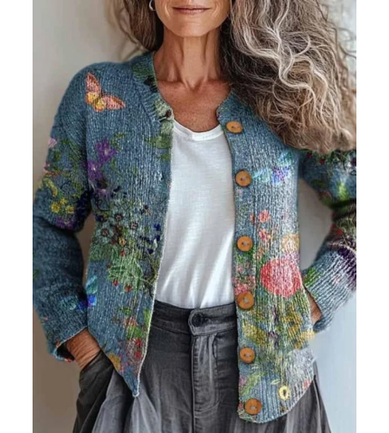 Crew Neck Casual Zipper Floral Jacket
