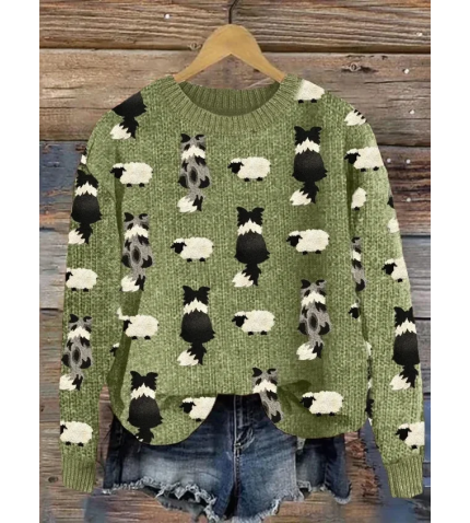 Farm Border Collie & Fuzzy Sheep Embroidered Knit Sweater