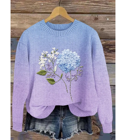 Floral Art Gradient Round Neck Sweater